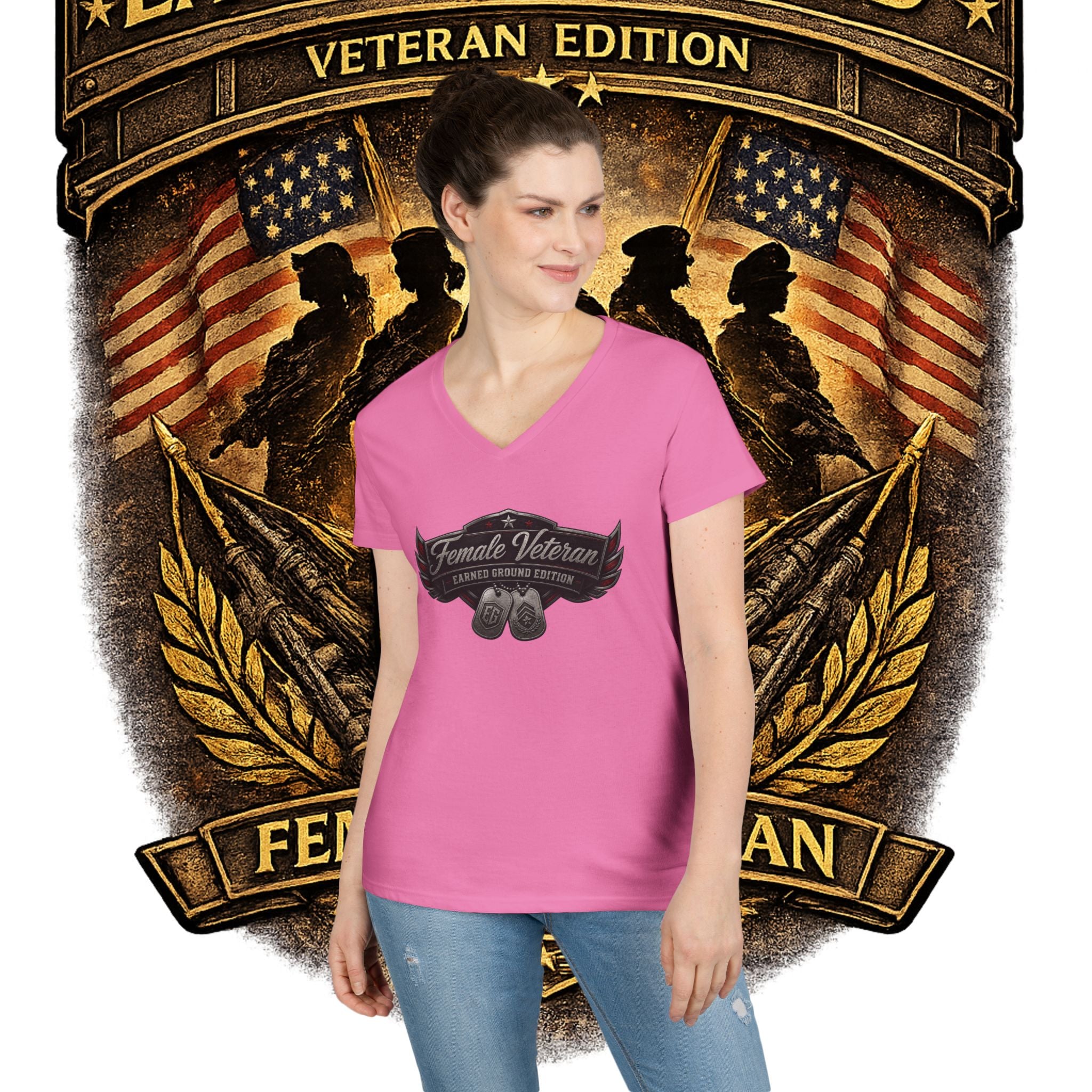 EARNED GROUND Female Veteran V-Neck T-Shirt — "Female Veteran" Edition"