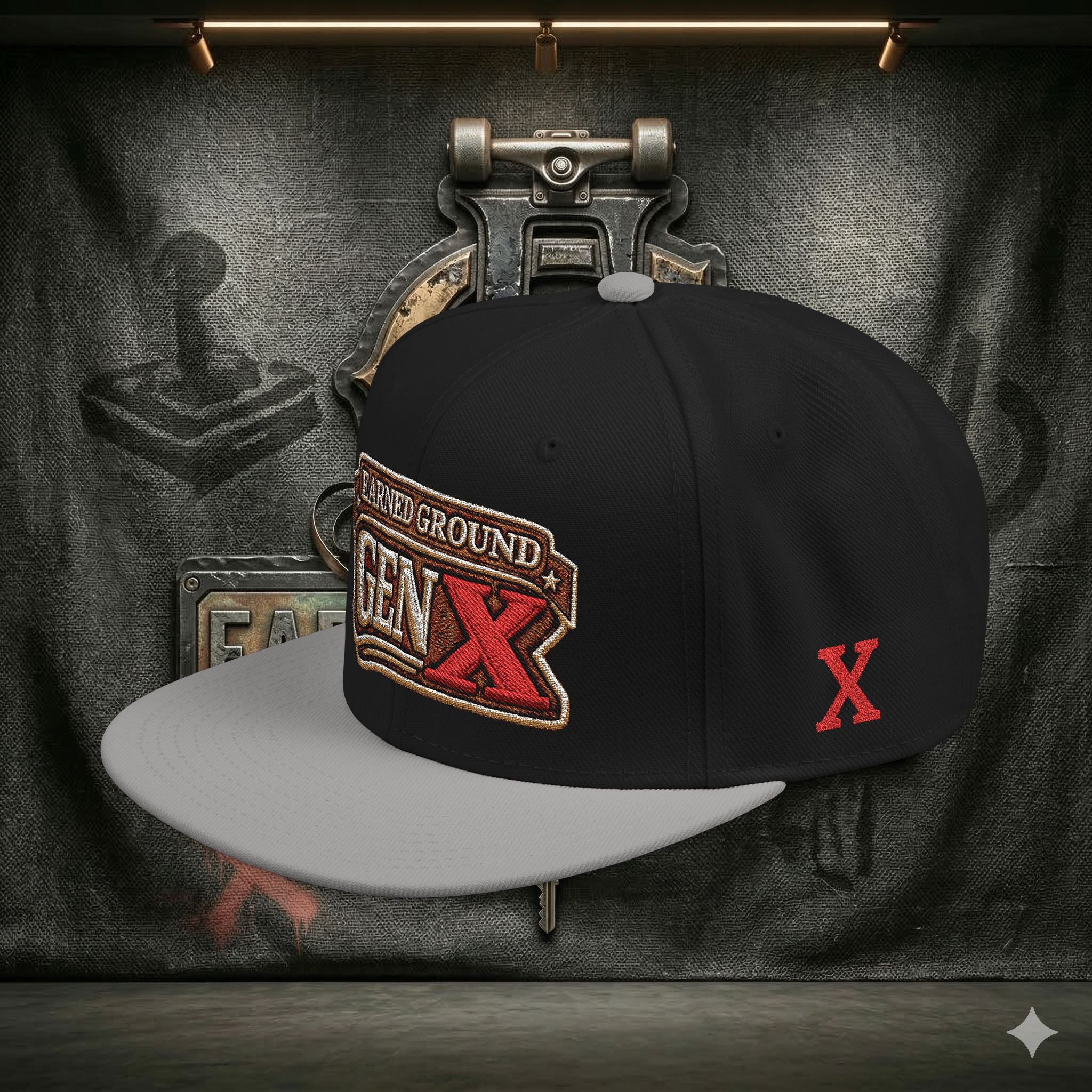EARNED GROUND GEN 'X' EMBROIDED Snapback Hat — Vintage Red  GEN X Patch Logo Cap