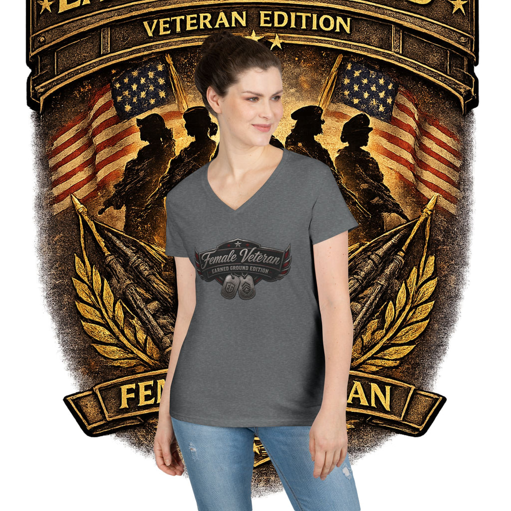 EARNED GROUND Female Veteran V-Neck T-Shirt — "Female Veteran" Edition"