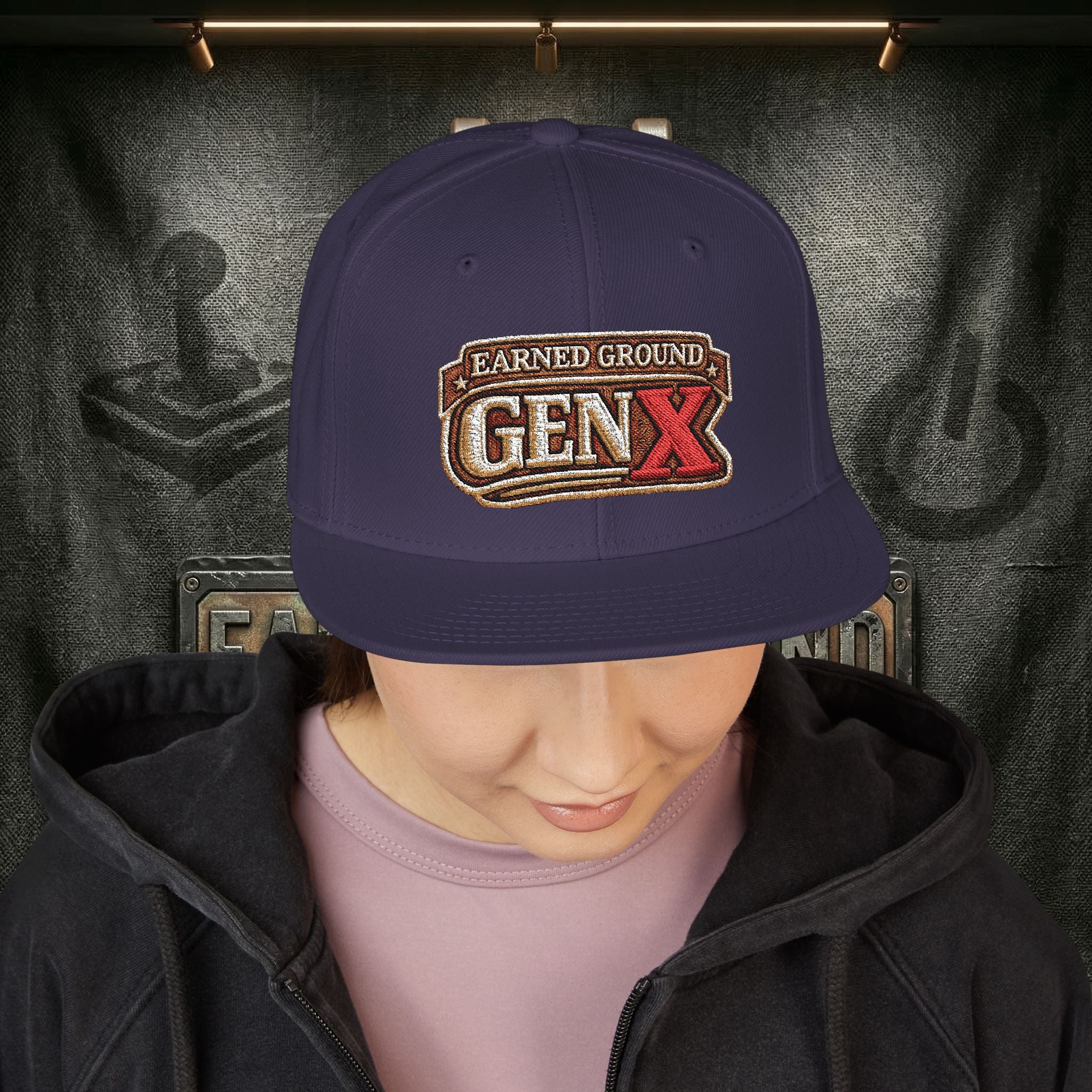 EARNED GROUND GEN 'X' EMBROIDED Snapback Hat — Vintage Red  GEN X Patch Logo Cap