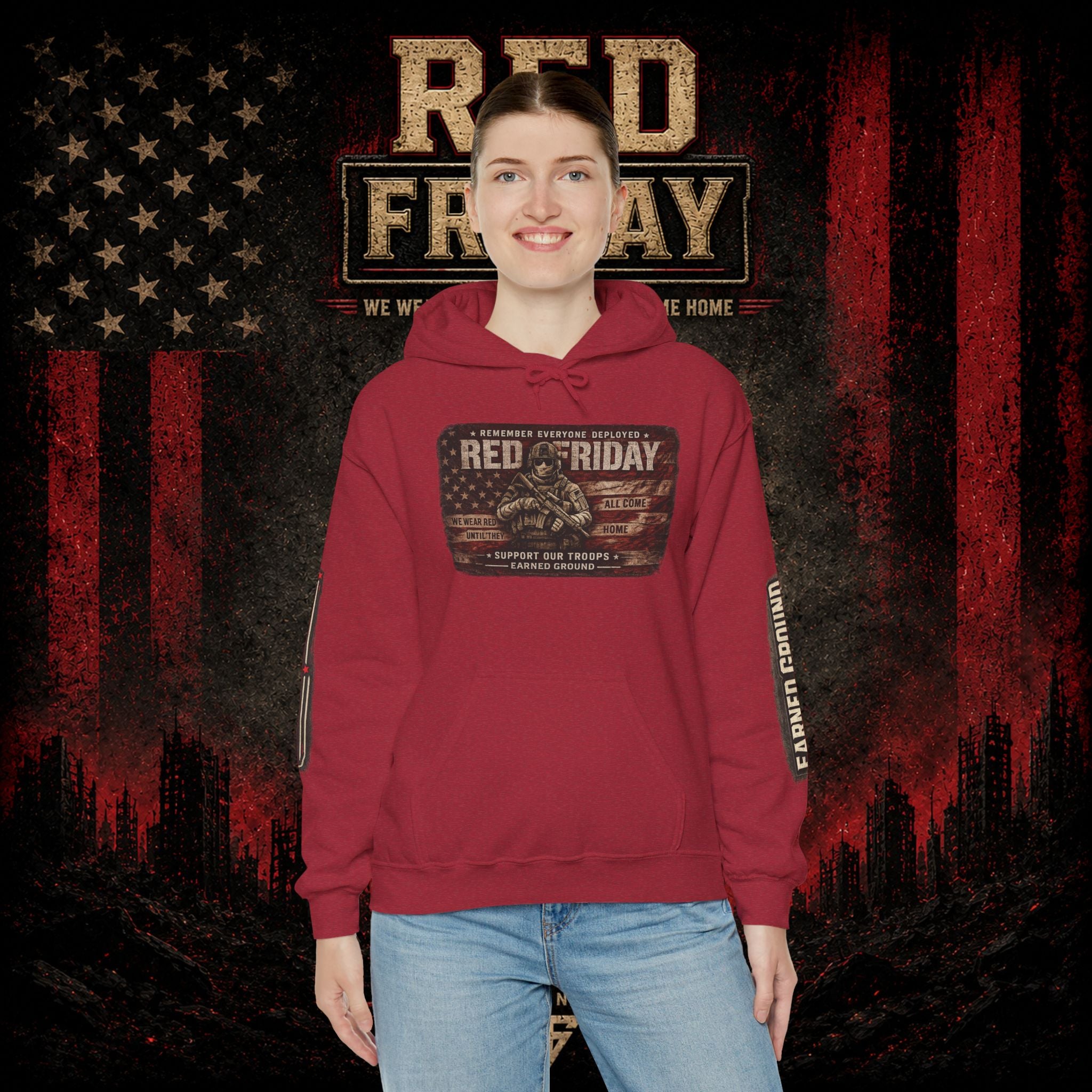Red Friday Hoodie — " WE WEAR READ UNITL THE ALL COME HOME" Veterans American Flag Pullover