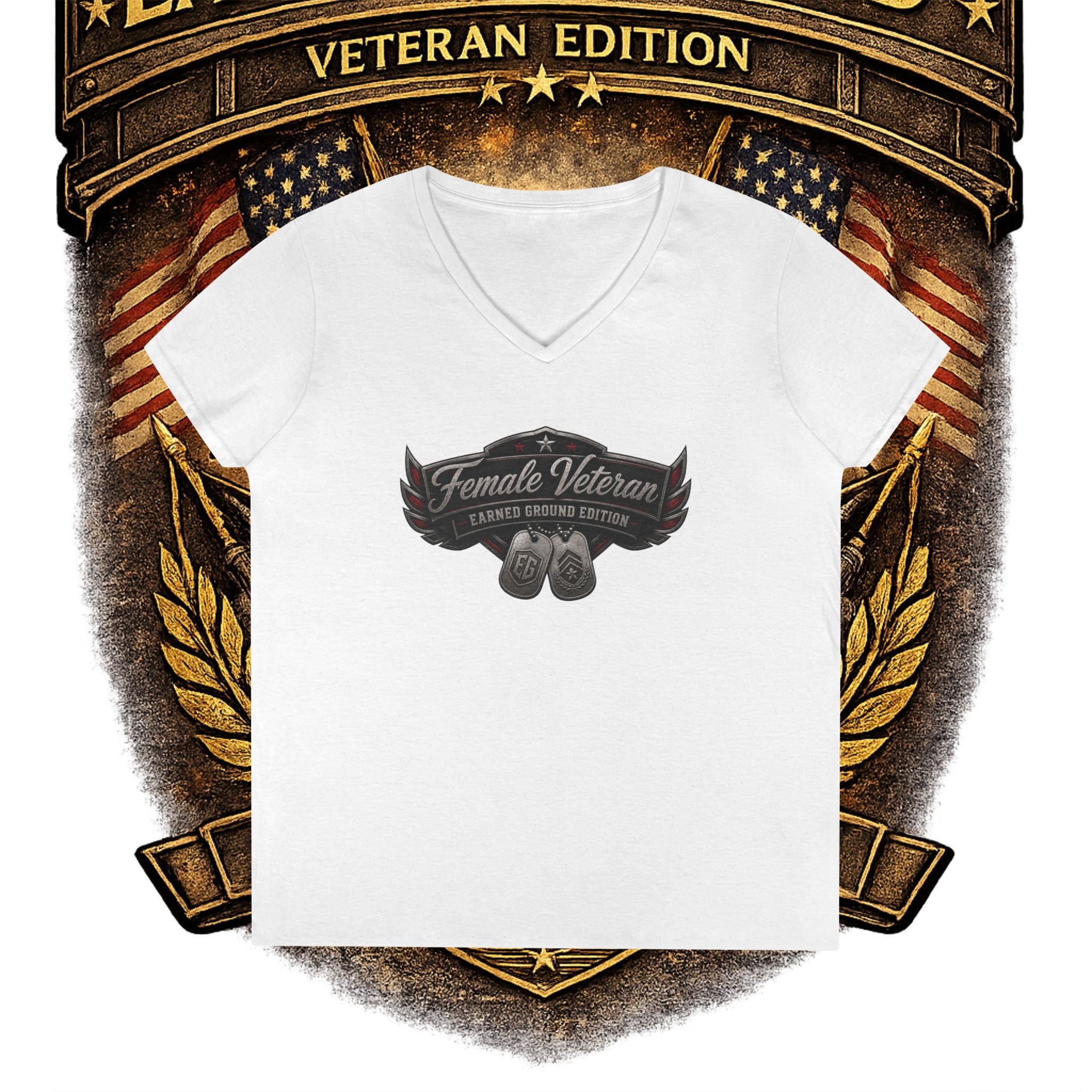 EARNED GROUND Female Veteran V-Neck T-Shirt — "Female Veteran" Edition"
