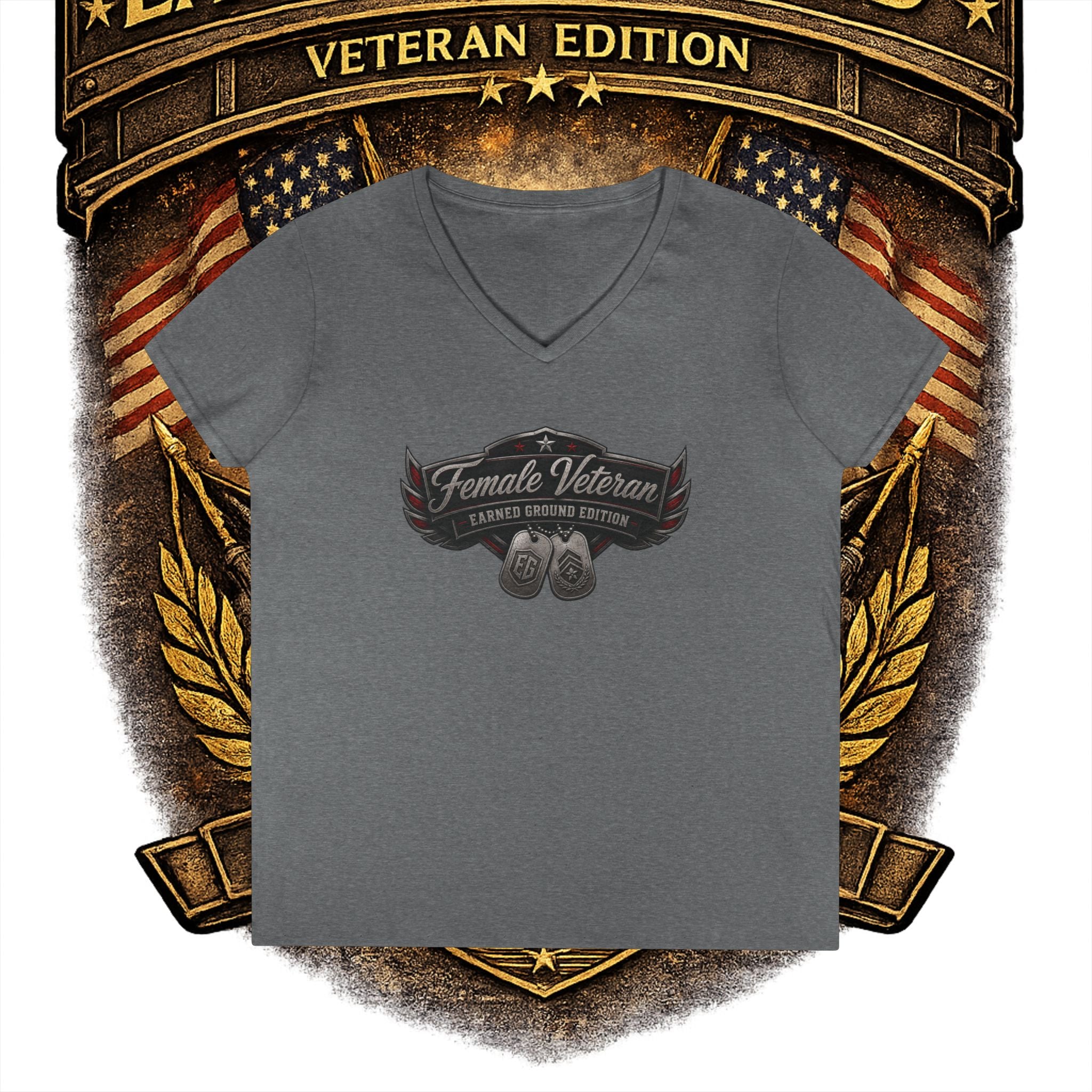 EARNED GROUND Female Veteran V-Neck T-Shirt — "Female Veteran" Edition"