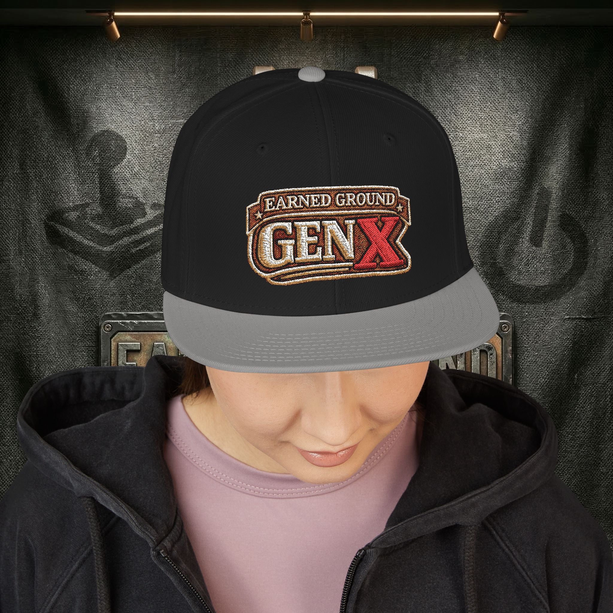 EARNED GROUND GEN 'X' EMBROIDED Snapback Hat — Vintage Red  GEN X Patch Logo Cap