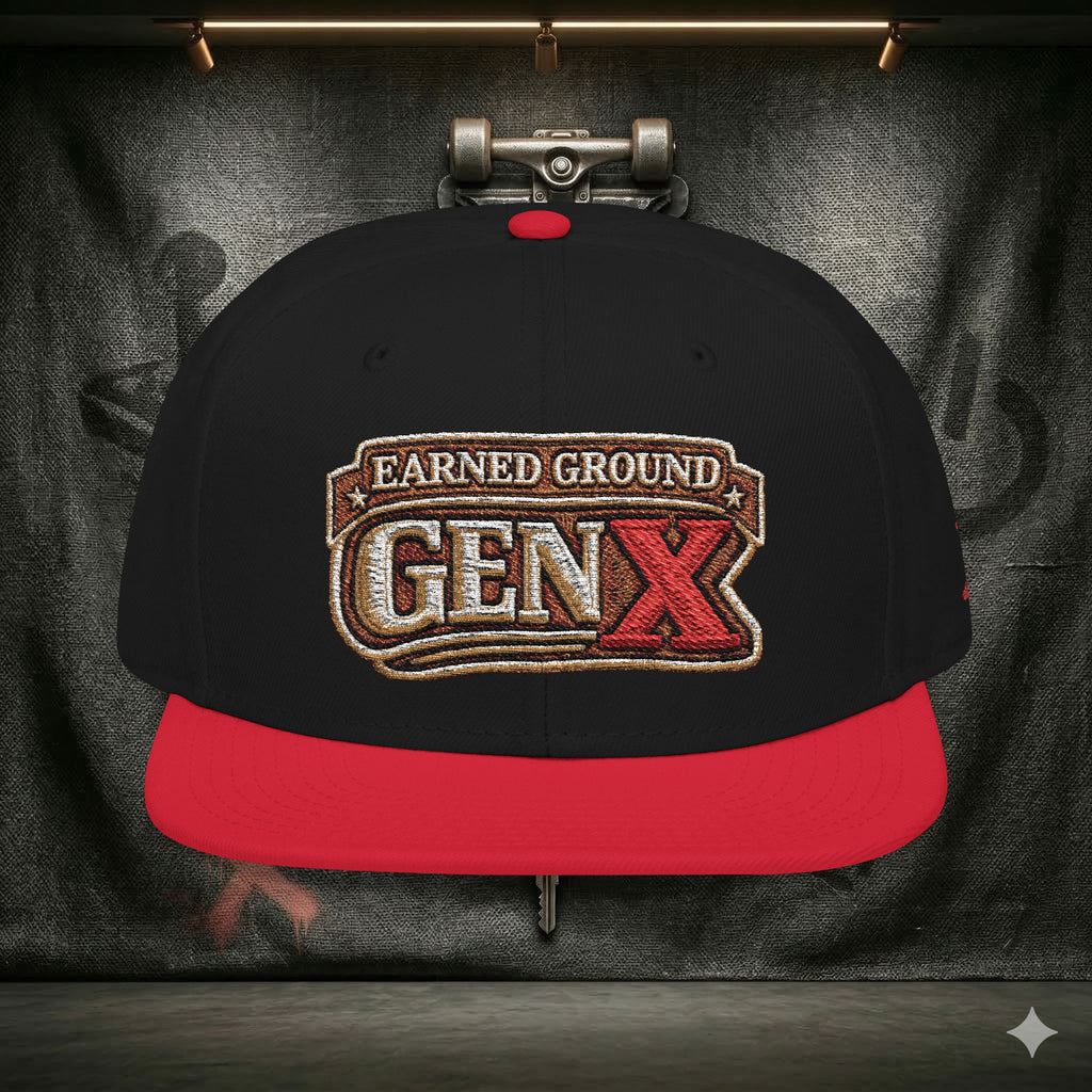 EARNED GROUND GEN 'X' EMBROIDED Snapback Hat — Vintage Red  GEN X Patch Logo Cap
