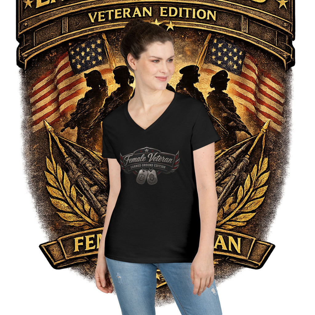 EARNED GROUND Female Veteran V-Neck T-Shirt — "Female Veteran" Edition"