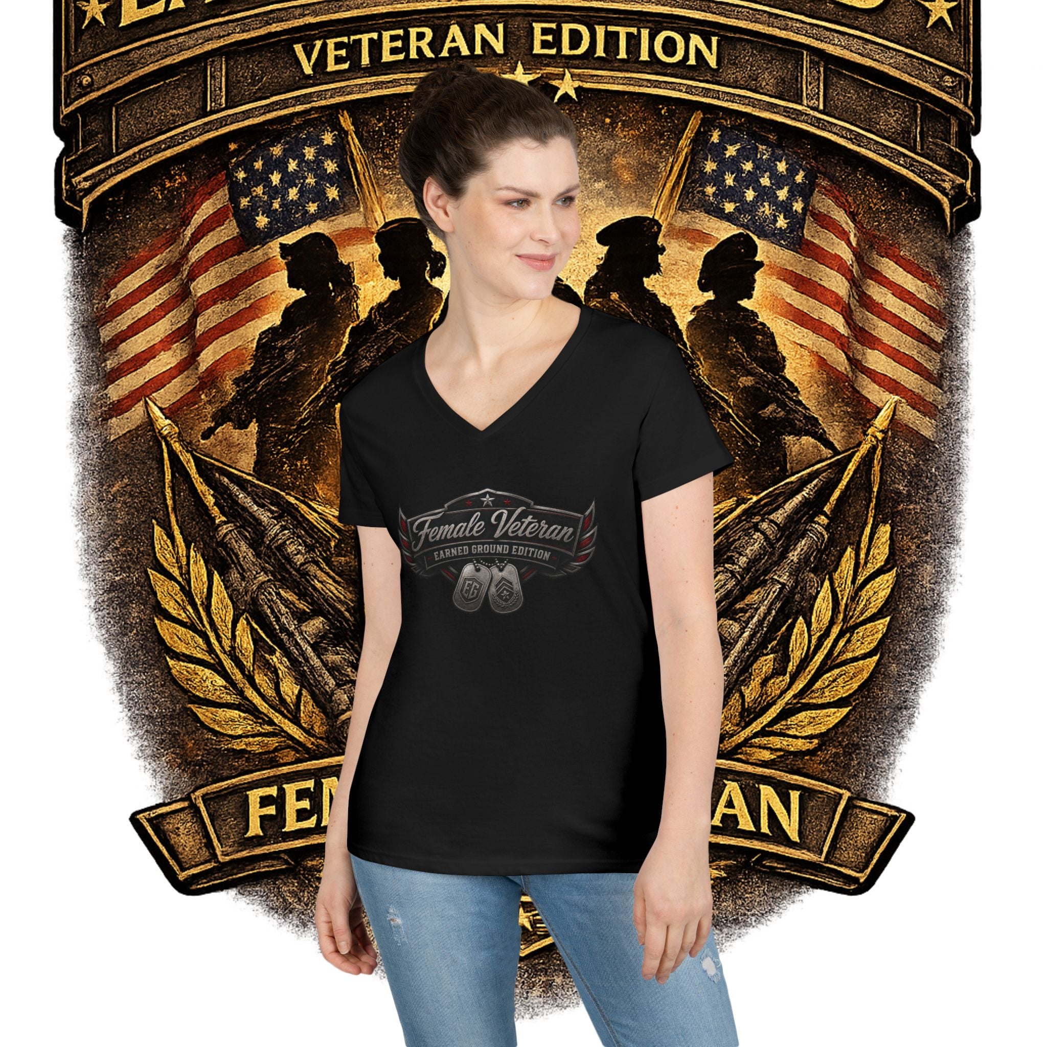 EARNED GROUND Female Veteran V-Neck T-Shirt — "Female Veteran" Edition"