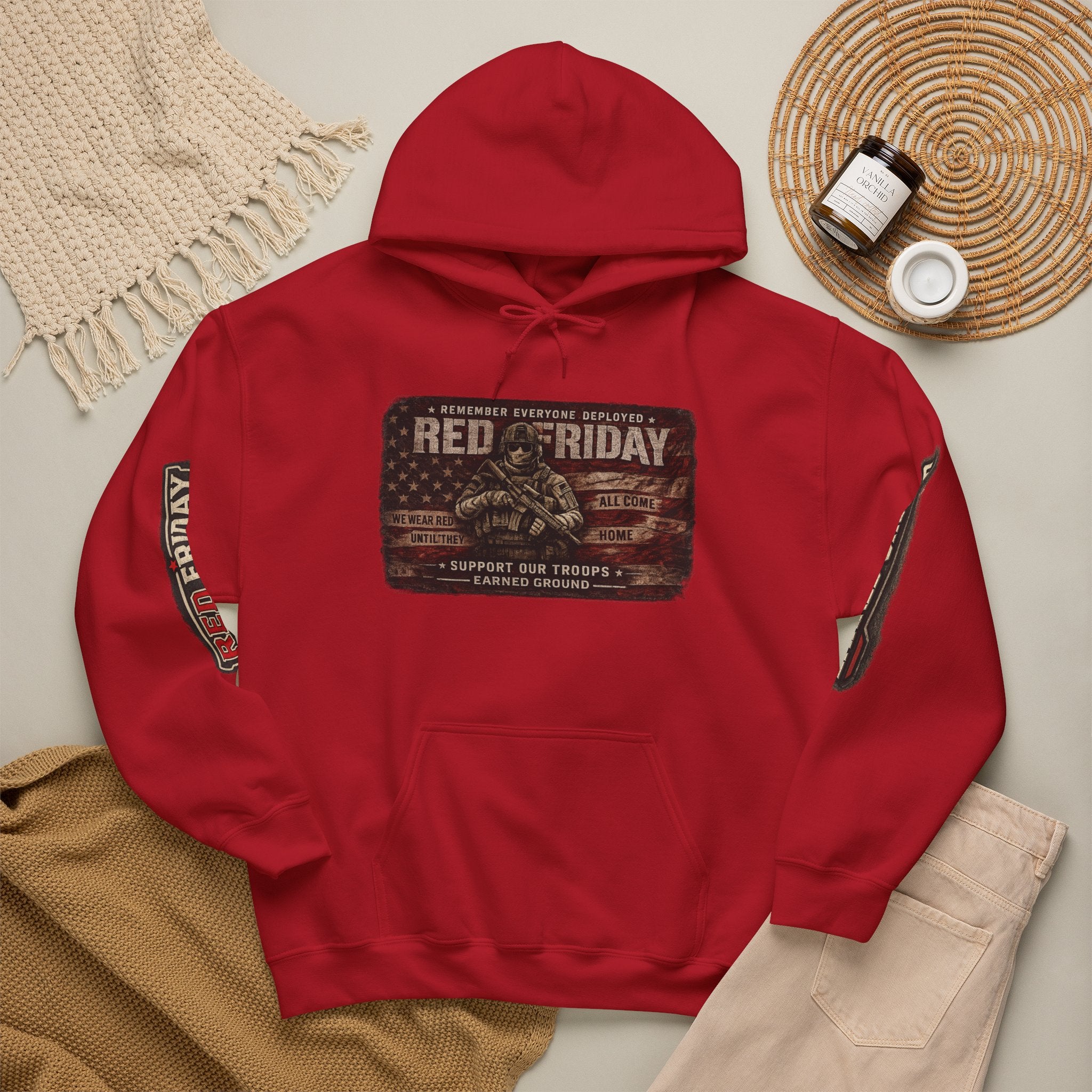 Red Friday Hoodie — " WE WEAR READ UNITL THE ALL COME HOME" Veterans American Flag Pullover