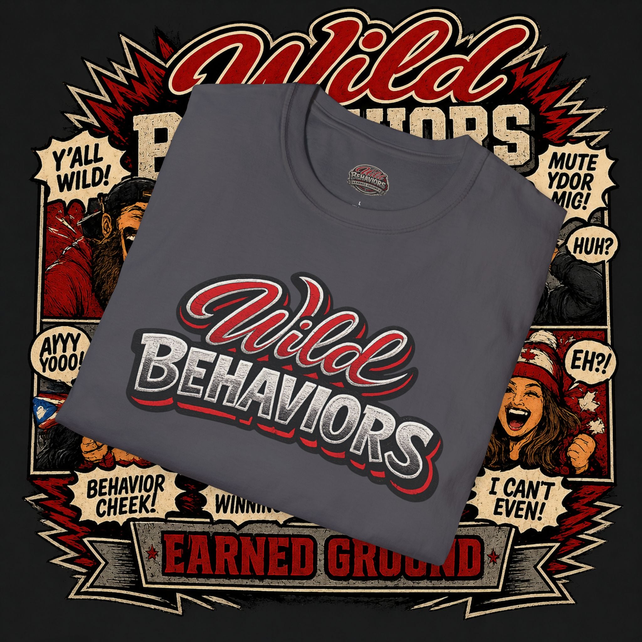Earned Ground "Wild Behaviors" T-Shirt — Retro Red & White Graphic Tee