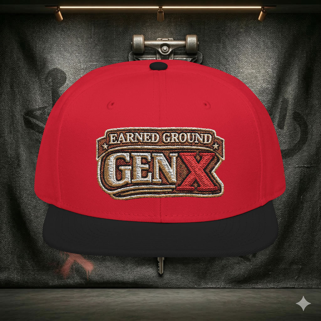 EARNED GROUND GEN 'X' EMBROIDED Snapback Hat — Vintage Red  GEN X Patch Logo Cap