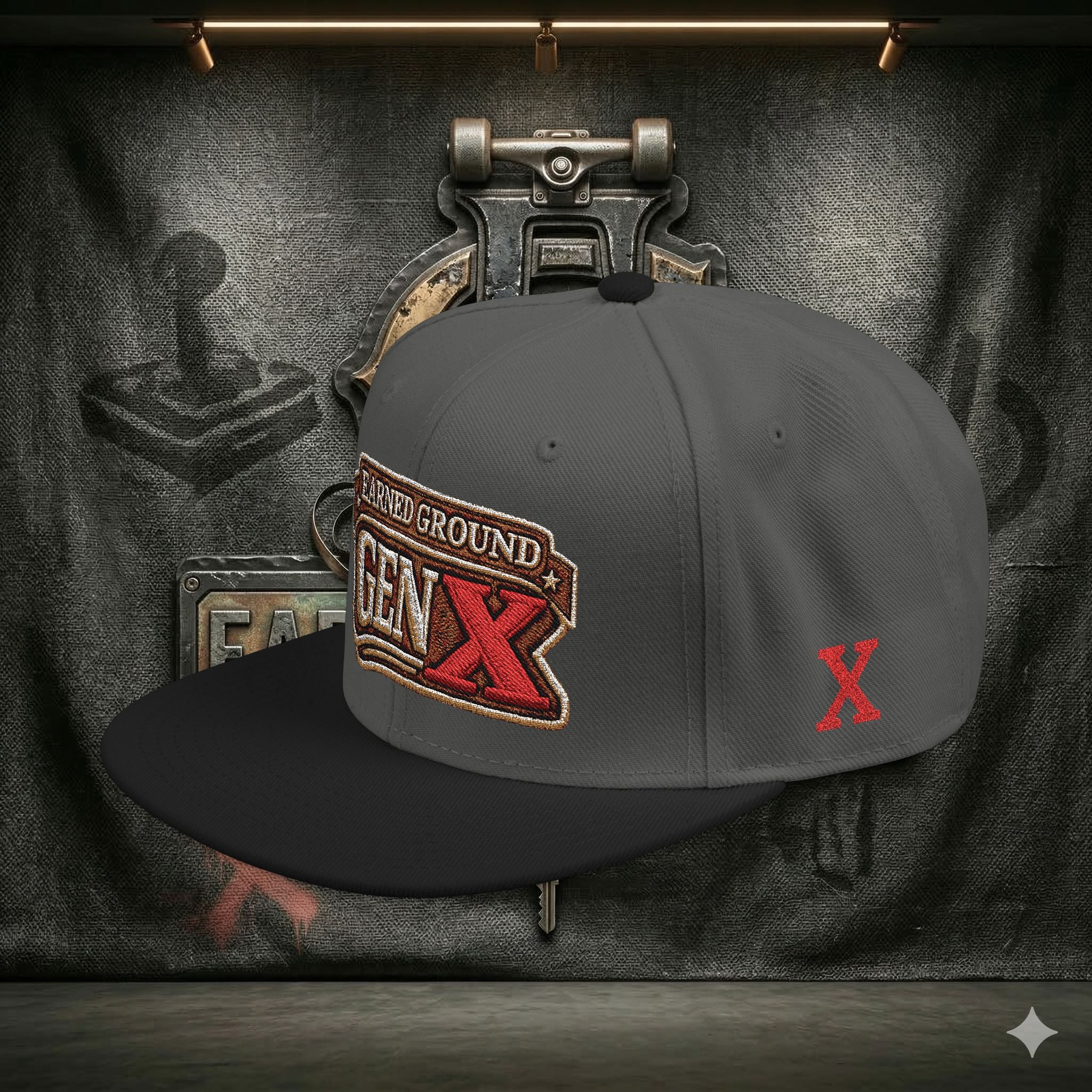 EARNED GROUND GEN 'X' EMBROIDED Snapback Hat — Vintage Red  GEN X Patch Logo Cap