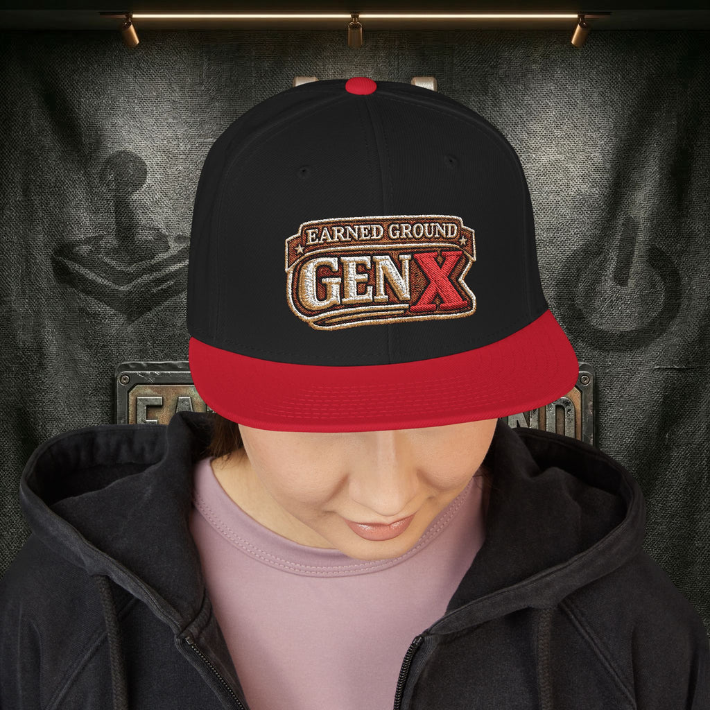 EARNED GROUND GEN 'X' EMBROIDED Snapback Hat — Vintage Red  GEN X Patch Logo Cap