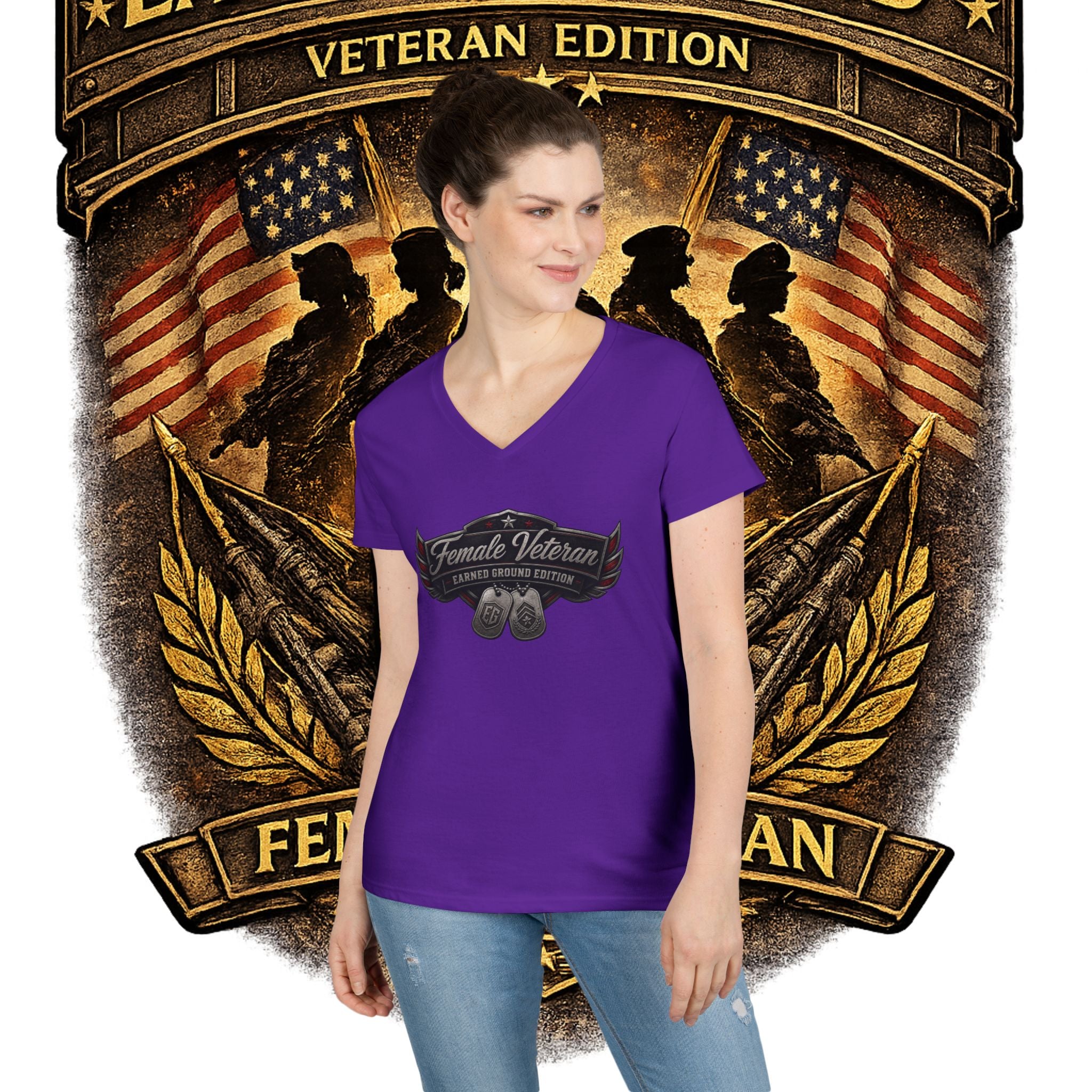 EARNED GROUND Female Veteran V-Neck T-Shirt — "Female Veteran" Edition"