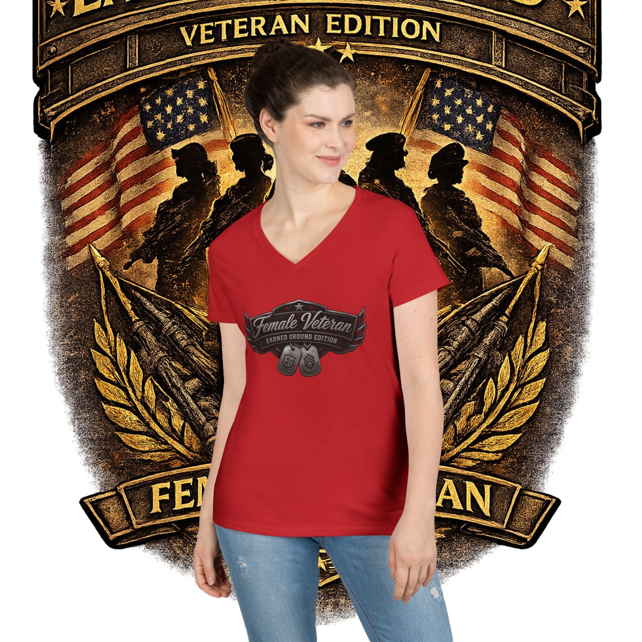 EARNED GROUND Female Veteran V-Neck T-Shirt — "Female Veteran" Edition"