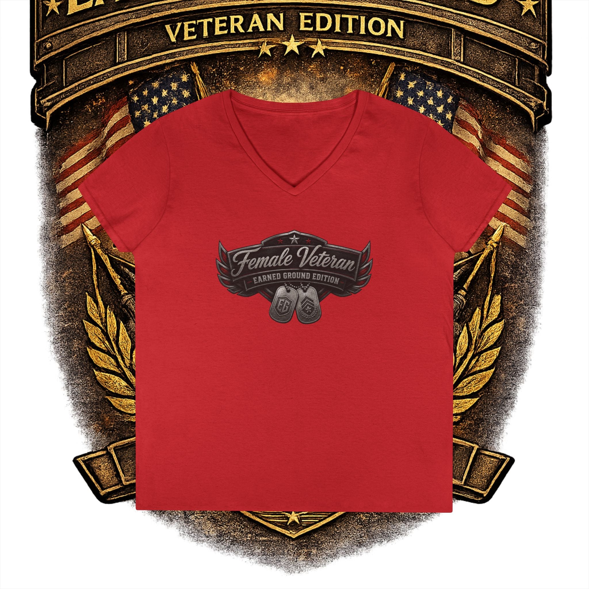 EARNED GROUND Female Veteran V-Neck T-Shirt — "Female Veteran" Edition"