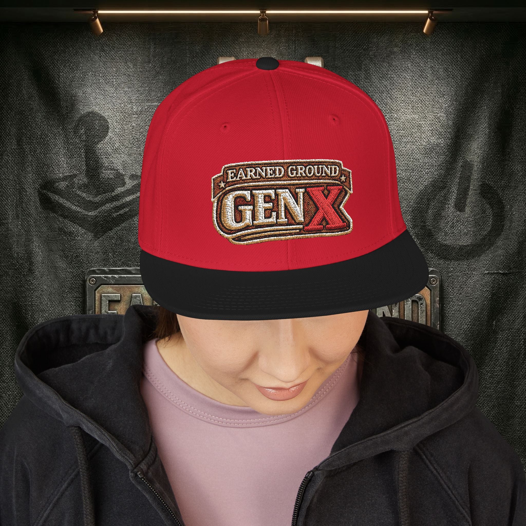EARNED GROUND GEN 'X' EMBROIDED Snapback Hat — Vintage Red  GEN X Patch Logo Cap