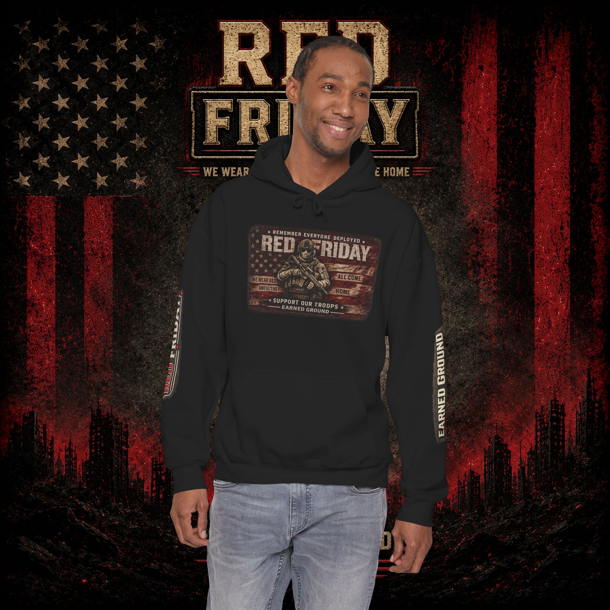 Red Friday Hoodie — " WE WEAR READ UNITL THE ALL COME HOME" Veterans American Flag Pullover