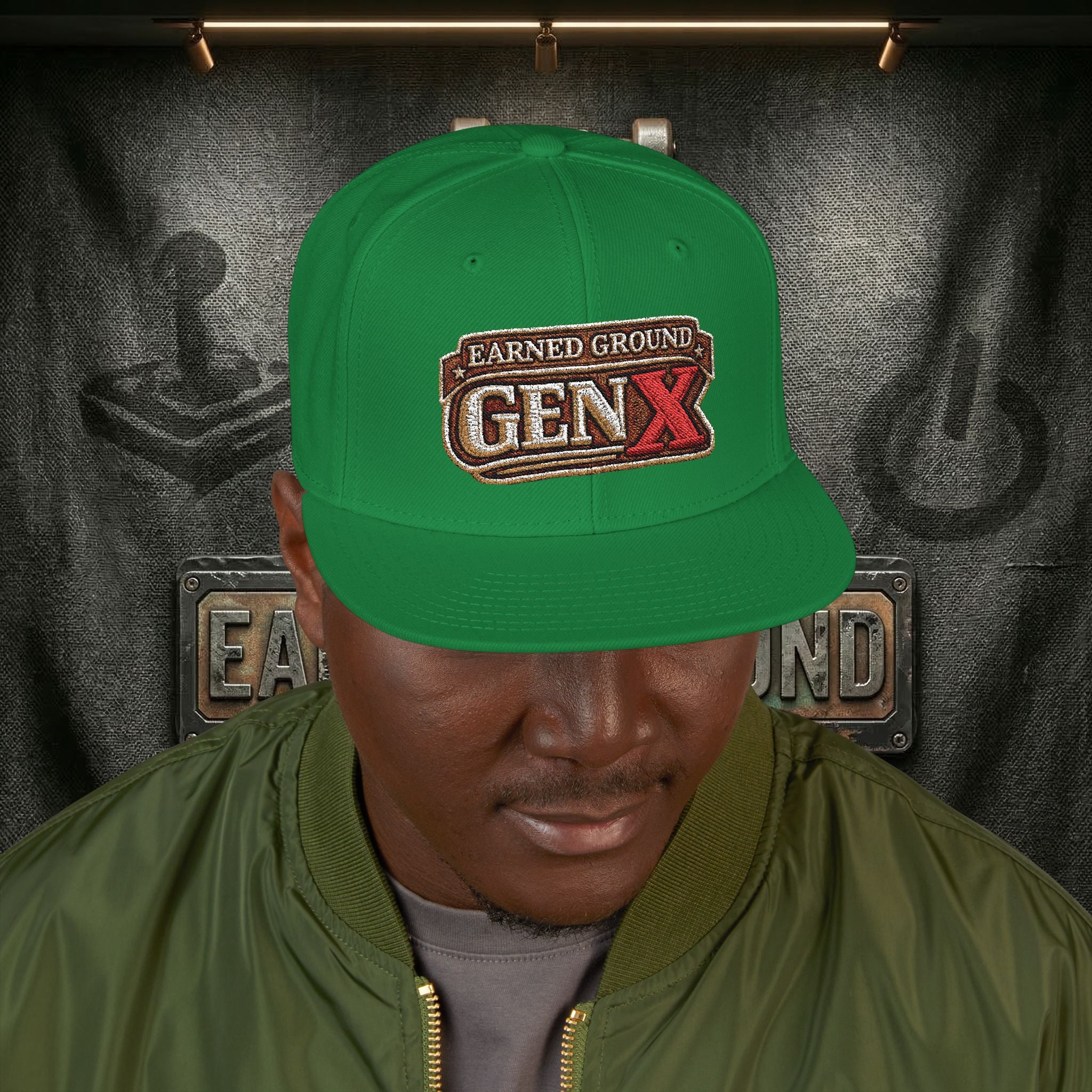EARNED GROUND GEN 'X' EMBROIDED Snapback Hat — Vintage Red  GEN X Patch Logo Cap