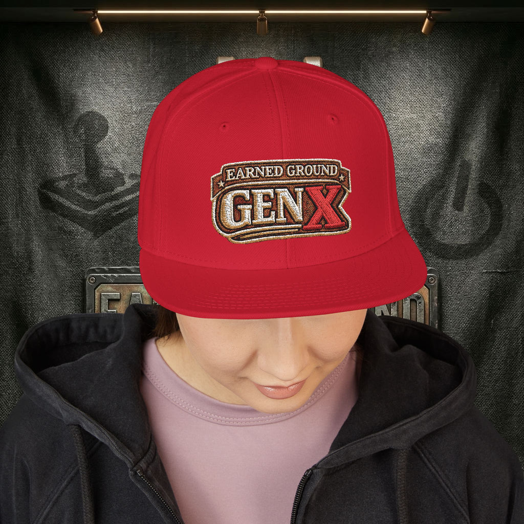 EARNED GROUND GEN 'X' EMBROIDED Snapback Hat — Vintage Red  GEN X Patch Logo Cap