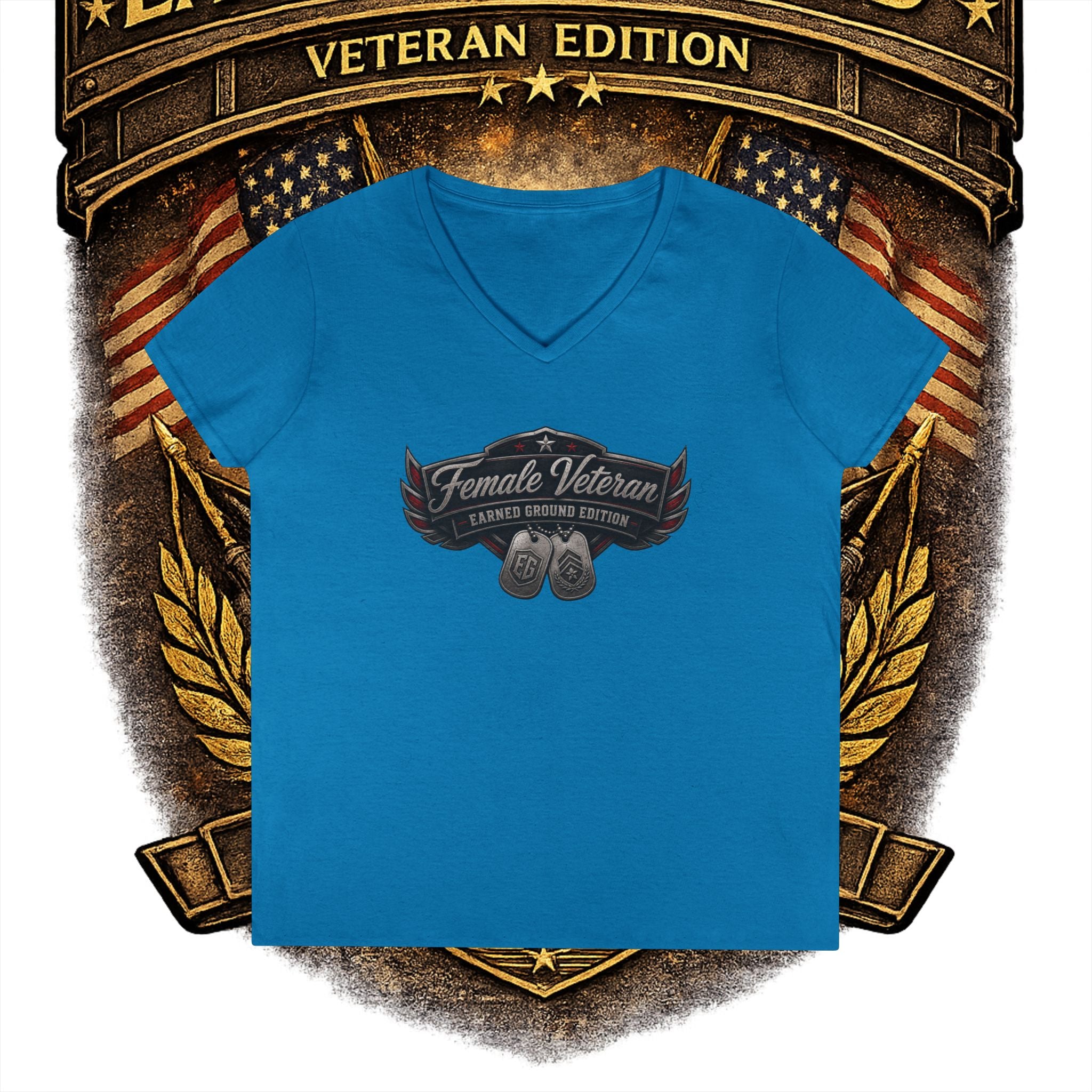 EARNED GROUND Female Veteran V-Neck T-Shirt — "Female Veteran" Edition"