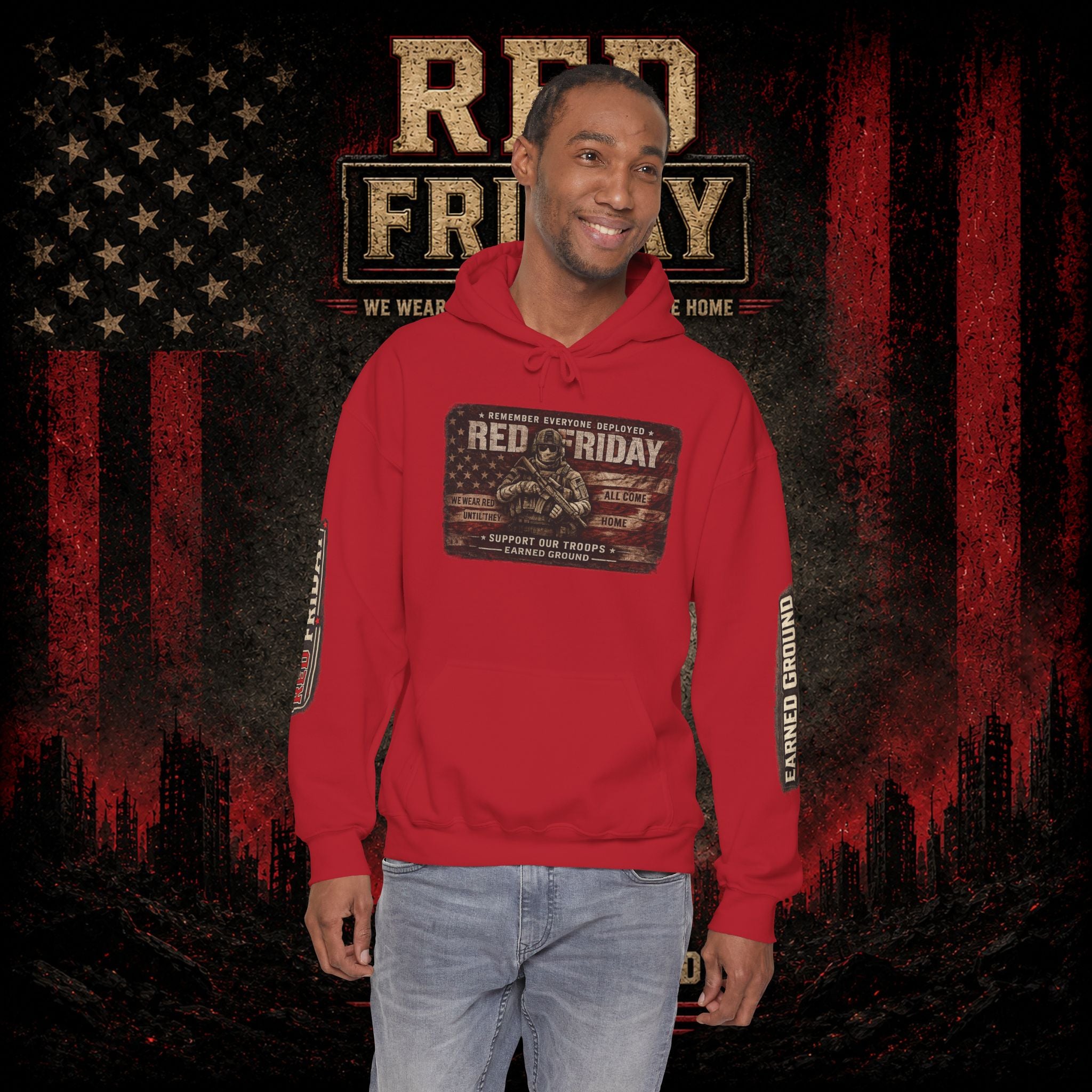 Red Friday Hoodie — " WE WEAR READ UNITL THE ALL COME HOME" Veterans American Flag Pullover
