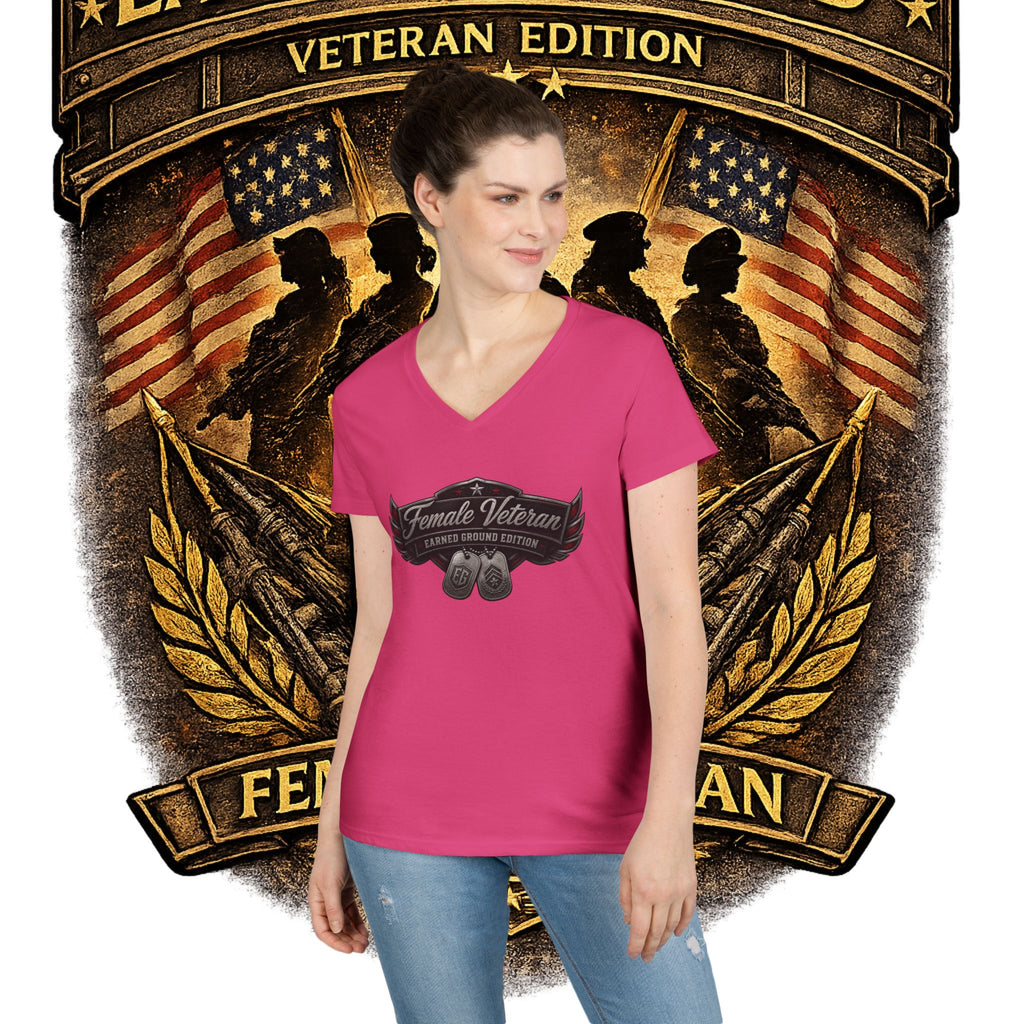EARNED GROUND Female Veteran V-Neck T-Shirt — "Female Veteran" Edition"