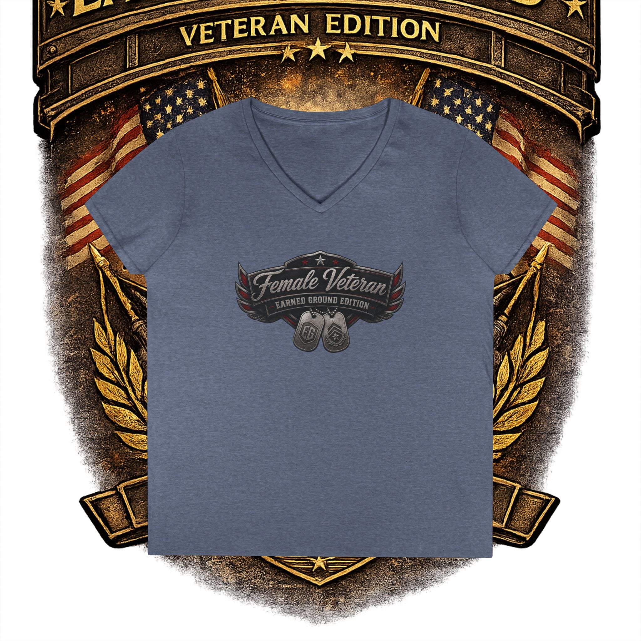 EARNED GROUND Female Veteran V-Neck T-Shirt — "Female Veteran" Edition"