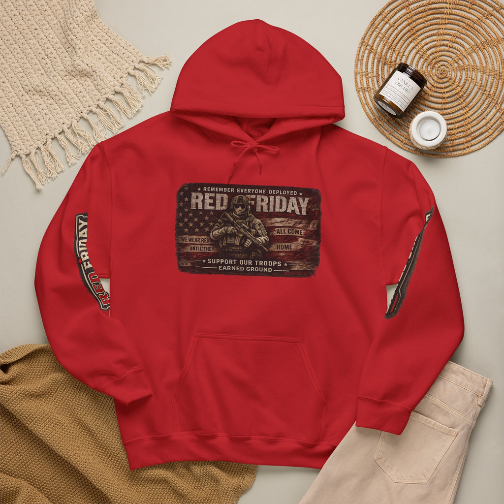 Red Friday Hoodie — " WE WEAR READ UNITL THE ALL COME HOME" Veterans American Flag Pullover