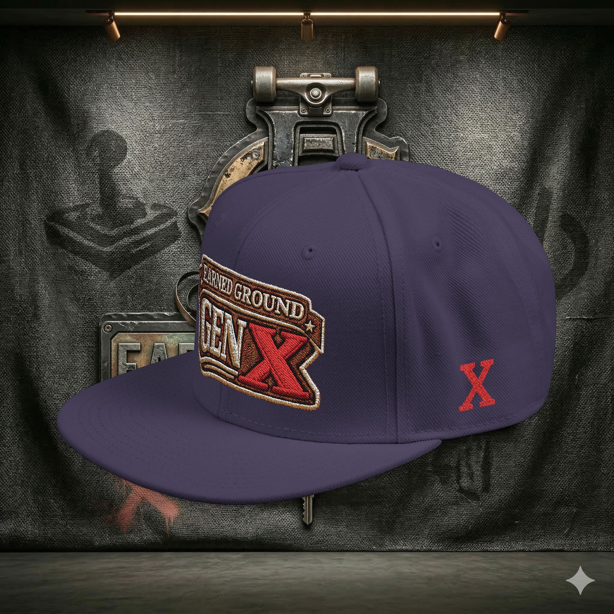 EARNED GROUND GEN 'X' EMBROIDED Snapback Hat — Vintage Red  GEN X Patch Logo Cap