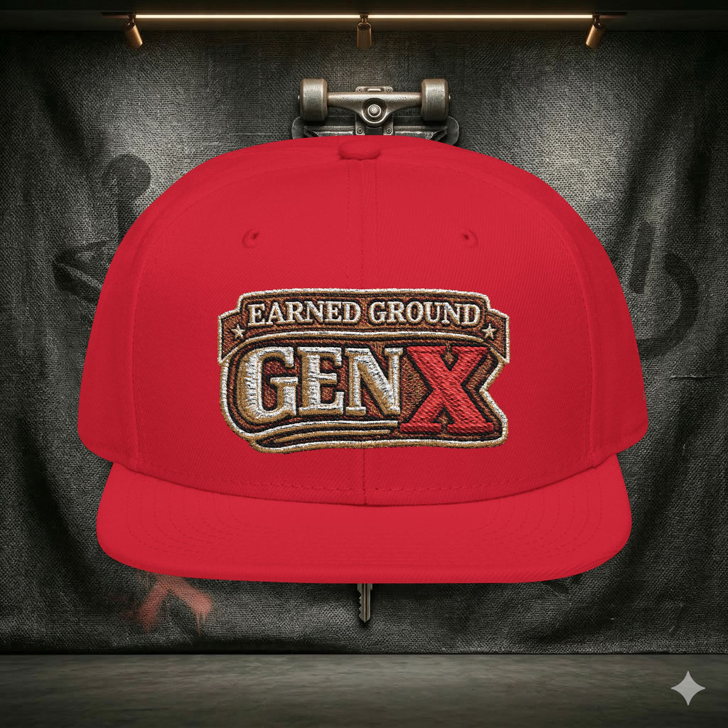 EARNED GROUND GEN 'X' EMBROIDED Snapback Hat — Vintage Red  GEN X Patch Logo Cap